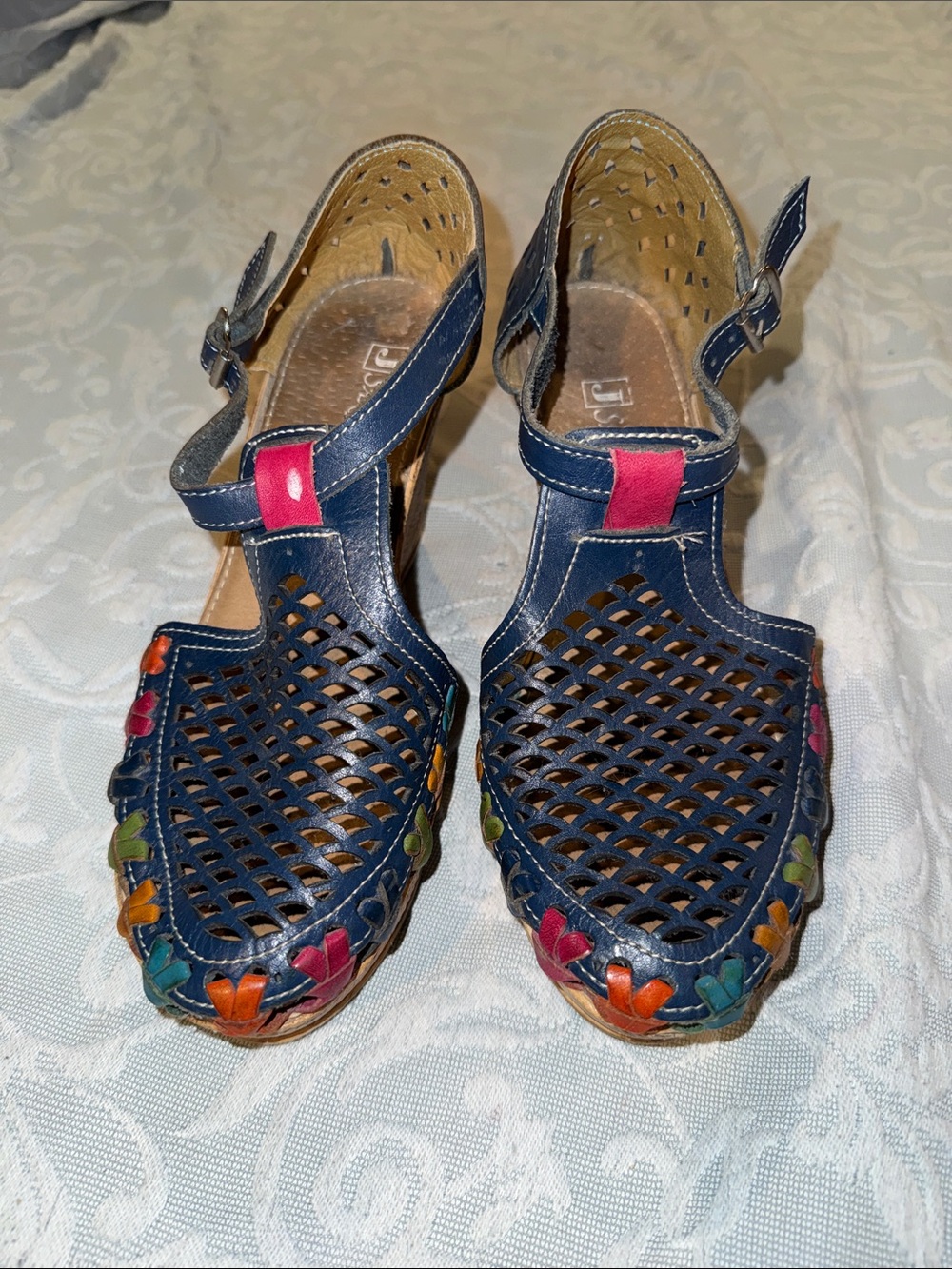 Navy Blue Perforated T-Strap Sandals with Multicolor Accents